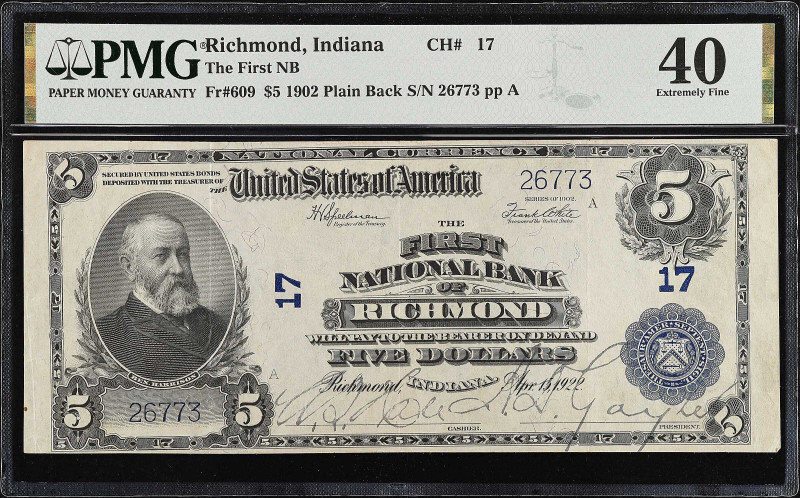 Richmond, Indiana. $5 1902 Plain Back. Fr. 609. The First NB. Charter #17. PMG E...