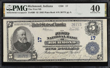 Richmond, Indiana. $5 1902 Plain Back. Fr. 609. The First NB. Charter #17. PMG Extremely Fine 40.

Estimate: $200 - 300