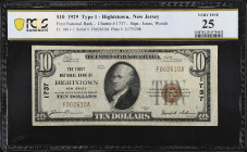 Hightstown, New Jersey. $10 1929 Ty. 1. Fr. 1801-1. The First NB. Charter #1737. PCGS Banknote Very Fine 25.

A Type 1 $10 from this popular New Jer...