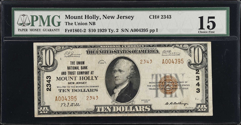 Mount Holly, New Jersey. $10 1929 Ty. 2. Fr. 1801-2. The Union NB. Charter #2343...