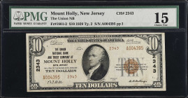 Mount Holly, New Jersey. $10 1929 Ty. 2. Fr. 1801-2. The Union NB. Charter #2343. PMG Choice Fine 15.

From the Estate of Graydon Lee Cook.

Estim...