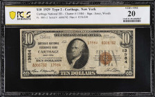 Carthage, New York. 1929 Ty. 2 $10 Fr. 1801-2. Carthage National Exchange Bank. Charter #13584. PCGS Banknote Very Fine 20.

From the Estate of Gray...