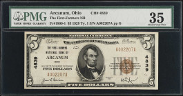 Arcanum, Ohio. $5 1929 Ty. 1. Fr. 1800-1. The First Farmers NB. Charter #4839. PMG Choice Very Fine 35.

From the Estate of Graydon Lee Cook.

Est...