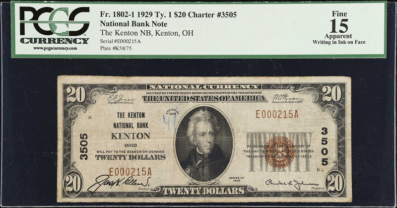 Kenton, Ohio. $20 1929 Ty. 1. Fr. 1802-1. The Kenton NB. Charter #3505. PCGS Cur...