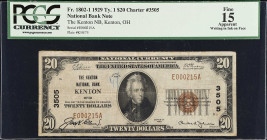 Kenton, Ohio. $20 1929 Ty. 1. Fr. 1802-1. The Kenton NB. Charter #3505. PCGS Currency Fine 15 Apparent. Writing in Ink on Face.

PCGS Currency comme...