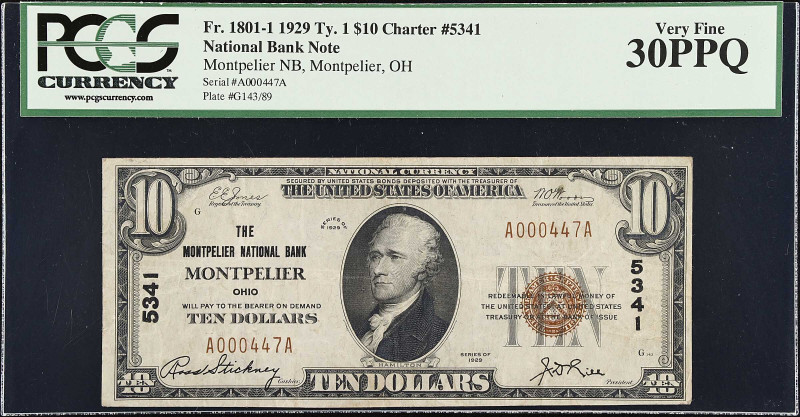 Montpelier, Ohio. $10 1929 Ty. 1. Fr. 1801-1. Montpelier NB. Charter #5341. PCGS...