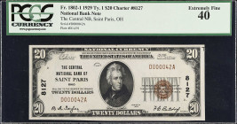 Saint Paris, Ohio. $20 1929 Ty. 1. Fr. 1802-1. The Central NB. Charter #8127. PCGS Currency Extremely Fine 40.

From the Estate of Graydon Lee Cook....