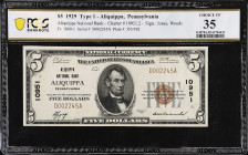 Apliquippa, Pennsylvania. $5 1929 Ty. 1. Fr. 1800-1. Apliquippa NB. Charter #10951. PCGS Banknote Choice Very Fine 25.

From the Estate of Graydon L...