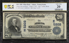 Athens, Pennsylvania. $20 1902 Plain Back. Fr. 658. The Athens NB. Charter #5202. PCGS Banknote Very Fine 20.

Just three 1902 PB $20's are availabl...