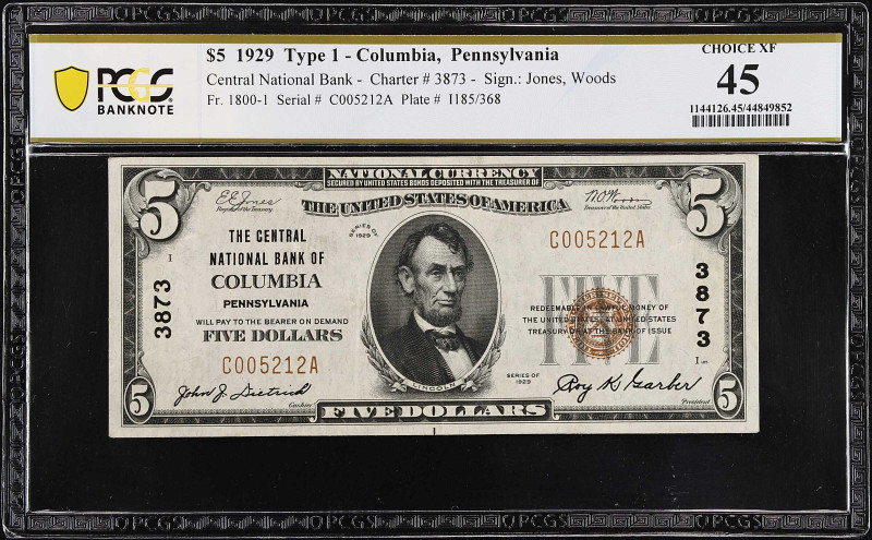 Columbia, Pennsylvania. $5 1929. Fr. 1800-1. The Central NB. Charter #3873. PCGS...