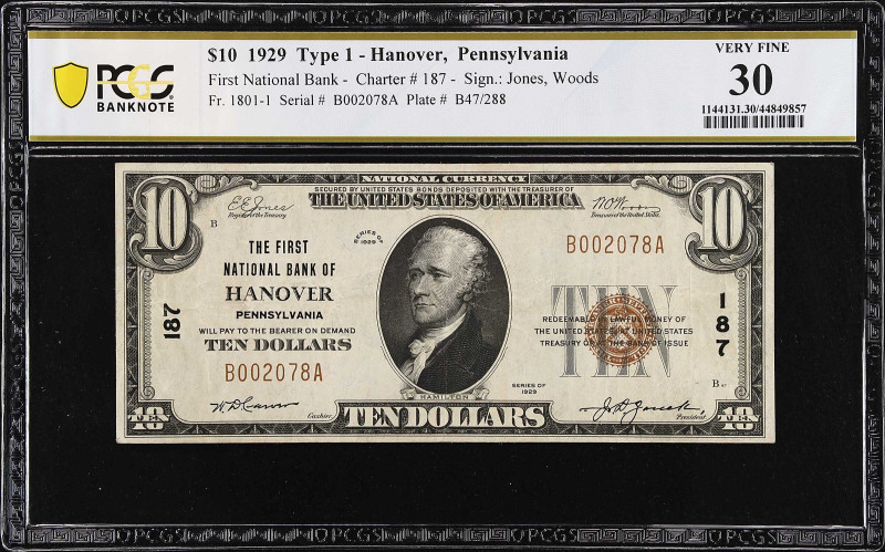 Hanover, Pennsylvania. $10 1929 Ty. 1. Fr. 1801-1. The First NB. Charter #187. P...