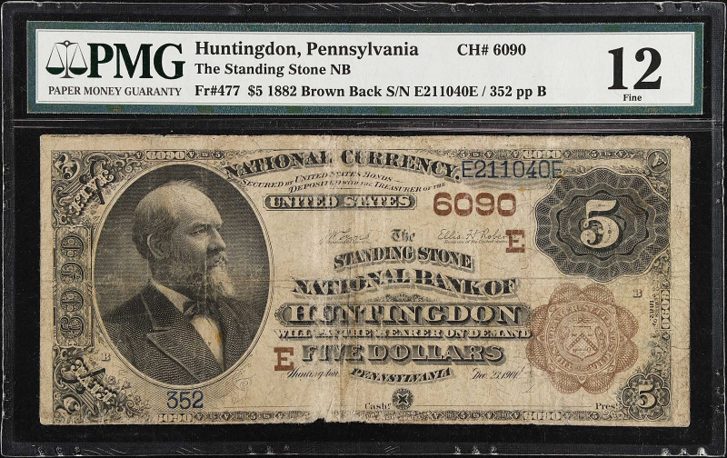 Huntingdon, Pennsylvania. $5 1882 Brown Back. Fr. 477. The Standing Stone NB. Ch...