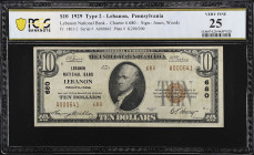 Lebanon, Pennsylvania. $10 1929 Ty. 2. Fr. 1801-2. The Lebanon NB. Charter #680. PCGS Banknote Very Fine 25.

From the Estate of Graydon Lee Cook.
...