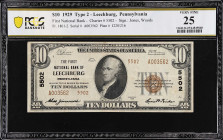 Leechburg, Pennsylvania. $10 1929 Ty. 2. Fr. 1801-2. The First NB. Charter #5502. PCGS Banknote Very Fine 25.

From the Estate of Graydon Lee Cook....