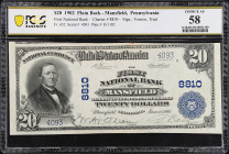 Mansfield, Pennsylvania. $20 1902 Plain Back. Fr. 652. The First NB. Charter #8810. PCGS Banknote Choice About Uncirculated 58.

According to Track ...