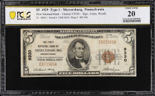 Mercersburg, Pennsylvania. $5 1929. Fr. 1800-1. The First NB. Charter #9330. PCGS Banknote Very Fine 20.

From the Estate of Graydon Lee Cook.

Es...