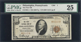Philadelphia, Pennsylvania. $10 1929 Ty. 1. Fr. 1801-1. The First NB. Charter #1. PMG Very Fine 25.

The first charter number, and a must have for a...