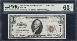 Sykesville, Pennsylvania. $10 1929 Ty. 2. Fr. 1801-2. First NB. Charter #14169. PMG Choice Uncirculated 63 EPQ.

A late comer to the National Era, w...