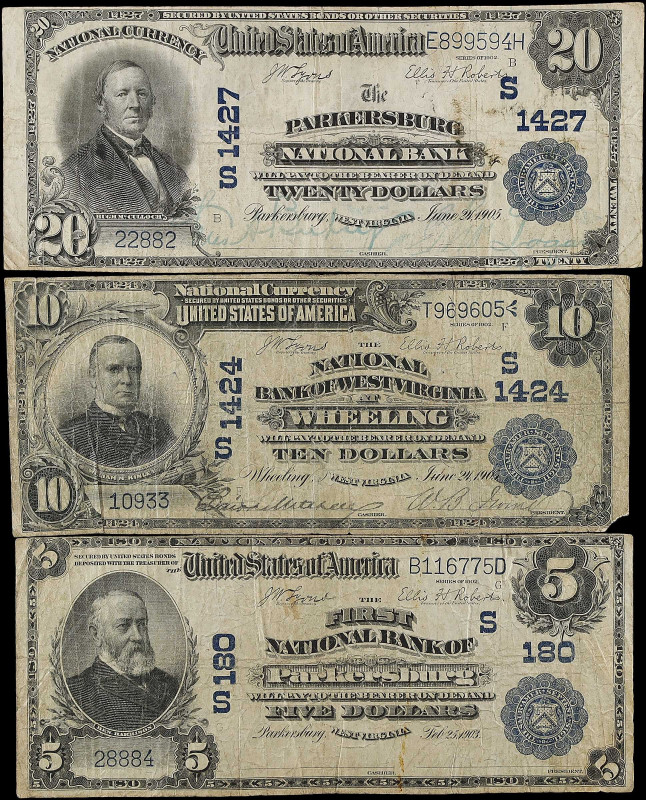 Lot of (3) Mixed Nationals. $5, $10, & $20 1902 Date Back & 1902 Plain Back. Fr....