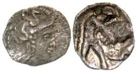 "Calabria, Tarentum. 325-280 B.C. AR diobol (11.7 mm, .61 g, 11 h). Helmeted had of Athena rightl three rosettes or stars on helmet / Herakles right, ...