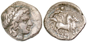 "Macedon, Neapolis. Ca. 300-275 B.C. AR triobol (12.9 mm, 1.56 g, 10 h). Laureate head of Apollo right / Nike in biga right. Sambon 554; SNG Cop. 471;...