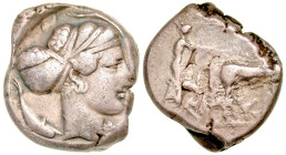 "Sicily, Syracuse. Second Democracy. 466-405 B.C. AR tetradrachm (25.5 mm, 16.97 g, 2 h). Struck ca. 425-20 B.C. Charioteer driving slow quadriga righ...