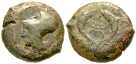 "Sicily, Syracuse. Timoleon and the Third Democracy. 344-336 B.C. AE litra (31.3 mm, 30.43 g, 10 h). Helmeted head of Athena left / Star between two d...