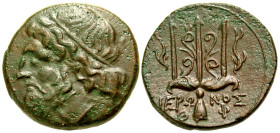 "Sicily, Syracuse. Hieron II. 275-215 B.C. AE 20 (20 mm, 6.64 g, 8 h). Diademed head of Poseidon left / IEPΩNOΣ, trident flanked by dolphins; Θ-Φ flan...