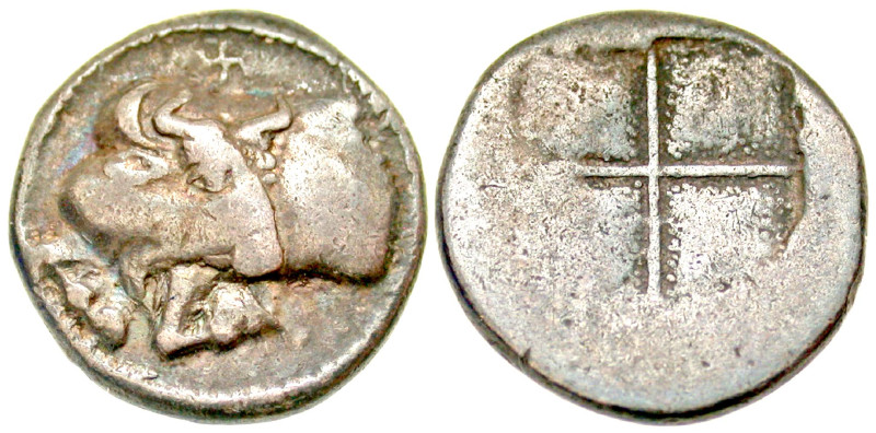 "Macedon, Akanthos. Ca. 470-390 B.C. AR tetrobol (14.6 mm, 2.32 g). Forepart of ...