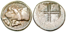 "Macedon, Akanthos. Ca. 470-390 B.C. AR tetrobol (14.6 mm, 2.32 g). Forepart of bull left, head right; Π and swastika above / Shallow quadripartite in...