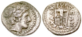 "Macedon, Chalkidian League. Olynthos. circa 398-352 B.C. AR diobol (10.5 mm, 1.12 g, 6 h). Laureate head of Apollo right / XAΛKIΔEΩN, tripod. SNG ANS...