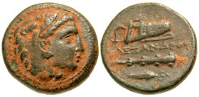 "Macedonian Kingdom. Alexander III the Great. 336-323 B.C. AE unit (18.5 mm, 5.76 g, 3 h). Miletos mint. Head of Herakles right, wearing lion skin / Α...