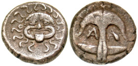 "Thrace, Apollonia Pontika. Civic issue. 4th century B.C. AR drachm (14.4 mm, 3.29 g, 12 h). Gorgoneion facing with protruding tongue and sigmoid serp...