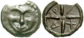 "Sarmatia, Olbia. Ca. 437-410 B.C. AE cast as (36.1 mm, 12.18 g, 6 h). Facing gorgoneion / A-P-I-X, Wheel with four spokes. SNG BM Black Sea 387; Anok...