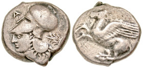 "Epeiros, Ambrakia. Circa 360-338 B.C. AR stater (19.8 mm, 8.18 g, 6 h). Pegasos flying left / Helmeted head of Athena left; A above, palmette to righ...
