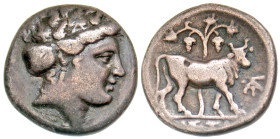 "Euboia, Euboian League. Ca. 350-300 B.C. AR drachm (15.8 mm, 3.21 g, 12 h). Head of nymph Euboea right / IΣTI, bull standing right before grape vine,...