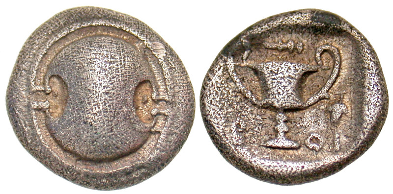 "Boiotia, Thebes. AR hemidrachm (13 mm, 2.51 g, 1 h). Boeotian shield / Kantharo...
