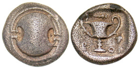 "Boiotia, Thebes. AR hemidrachm (13 mm, 2.51 g, 1 h). Boeotian shield / Kantharos, BO - I across fields; club above, bunch of grapes to right. BCD Boe...