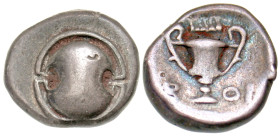 "Boiotia, Thebes. Ca. 425-375 B.C. AR hemidrachm (13.7 mm, 2.66 g). anepigraphic, Boeotian shield / B - OI, Kantharos with prominent handles, ethnic a...