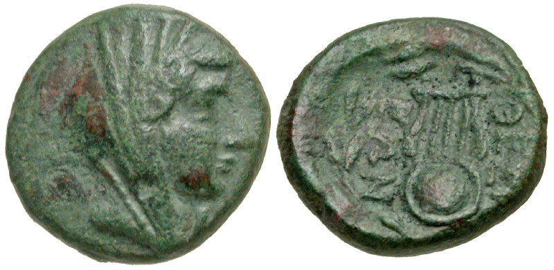 "Boiotia, Thespiai. Ca. 210 B.C. AE 16 (15.59 mm, 3.96 g, 3 h). Laureate female ...