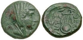"Boiotia, Thespiai. Ca. 210 B.C. AE 16 (15.59 mm, 3.96 g, 3 h). Laureate female head right, veiled and wearing modius / ΘEΣΠI-EΩN, lyre and inscriptio...