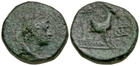 "Aiolis, Aigai. 2nd-1st centuries B.C. AE 14 (13.5 mm, 2.59 g, 11 h). Head of Hermes right, wearing petasos / AIΓAEΩN, forepart of goat right; monogra...