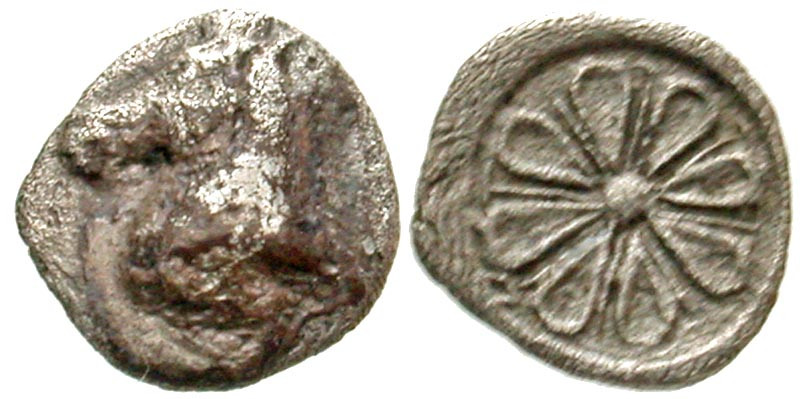 "Aiolis, Kyme. Ca. 6th Century B.C. AR hemiobol (6.69 mm, .12 g). Head of horse ...