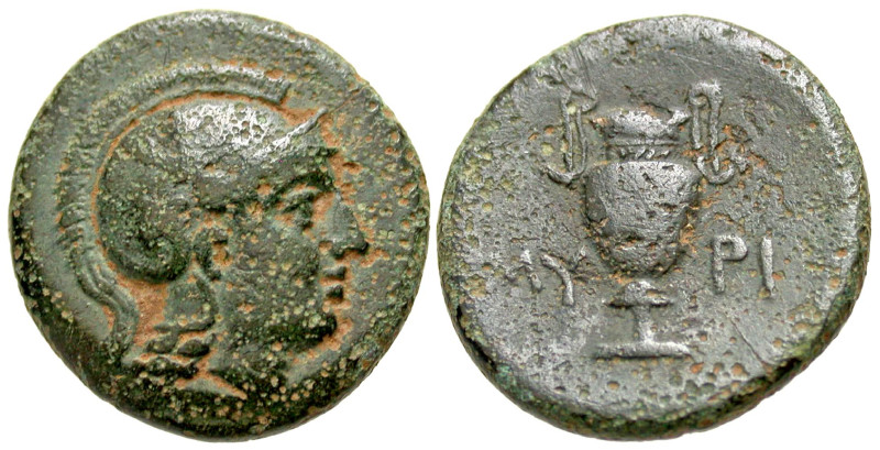 "Aiolis, Myrina. 4th century B.C. AE 18 (17.5 mm, 4.02 g, 5 h). Helmeted head of...