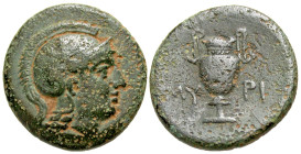 "Aiolis, Myrina. 4th century B.C. AE 18 (17.5 mm, 4.02 g, 5 h). Helmeted head of Athena right / MY-PI, amphora. SNG Copenhagen 218-9; SNG München 568;...