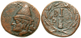 "Troas, Birytis. AE 19 (19.1 mm, 5.33 g, 5 h). Ca. 4th Century B.C. Head of Kabiros left, wearing pileus; star on either side of pileus / B-I/P-Y, clu...