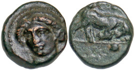 "Ionia, Phygela. Ca 350-300 B.C. 8.4 mm, .58 g, 6 h). Wreathed head of Artemis Munychia facing, head turned slightly to the left / ΦΥΓ Bull butting to...