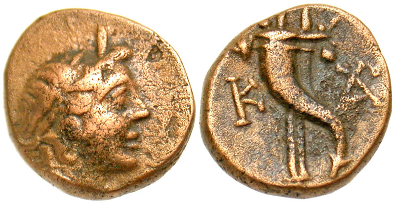"Caria, Kaunos. ca. 191/0-166 B.C. AE 10 (10 mm, 1.03 g, 12 h). Diademed head of...