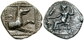 "Lykaonia, Laranda. Ca. 324/3 B.C. AR obol (10.9 mm, .64 g, 6 h). Baaltars seated left, holding grain ear, grapes, and scepter / Forepart of wolf righ...