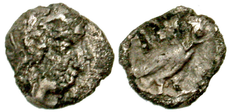 "Philistia, Gaza. 4th century B.C. AR hemiobol (7 mm, .25 g, 1 h). Head of Athen...